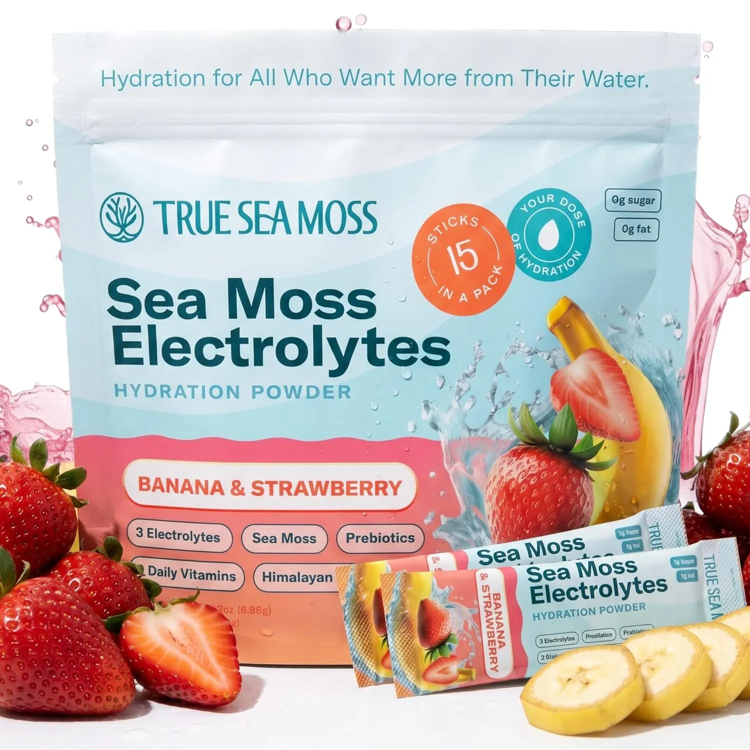 TrueSeaMoss Electrolytes Powder Packets – Made in USA from globally sourced ingredients – 15 Stickpacks – Hydration Powder with Sea Moss with Potassium – No Sugar Drinks – Banana & Strawberry