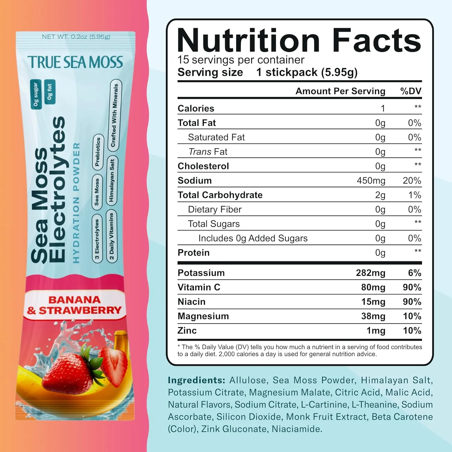 TrueSeaMoss Electrolytes Powder Packets – Made in USA from globally sourced ingredients – 15 Stickpacks – Hydration Powder with Sea Moss with Potassium – No Sugar Drinks – Banana & Strawberry - Image 2