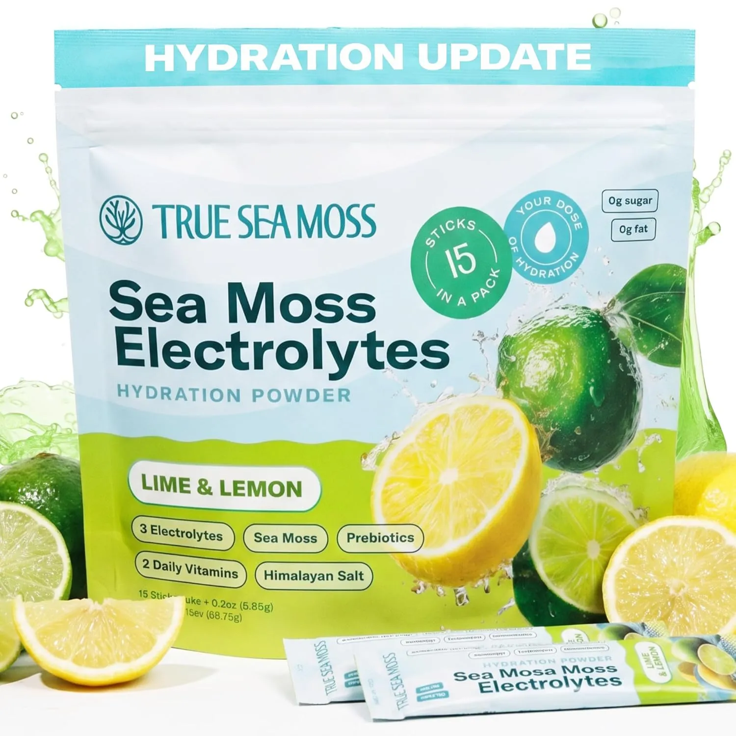 TrueSeaMoss Electrolytes Powder Packets – Made in USA from globally sourced ingredients – 15 Stickpacks – Hydration Powder with Sea Moss with Potassium – No Sugar Drinks – Lime & Lemon