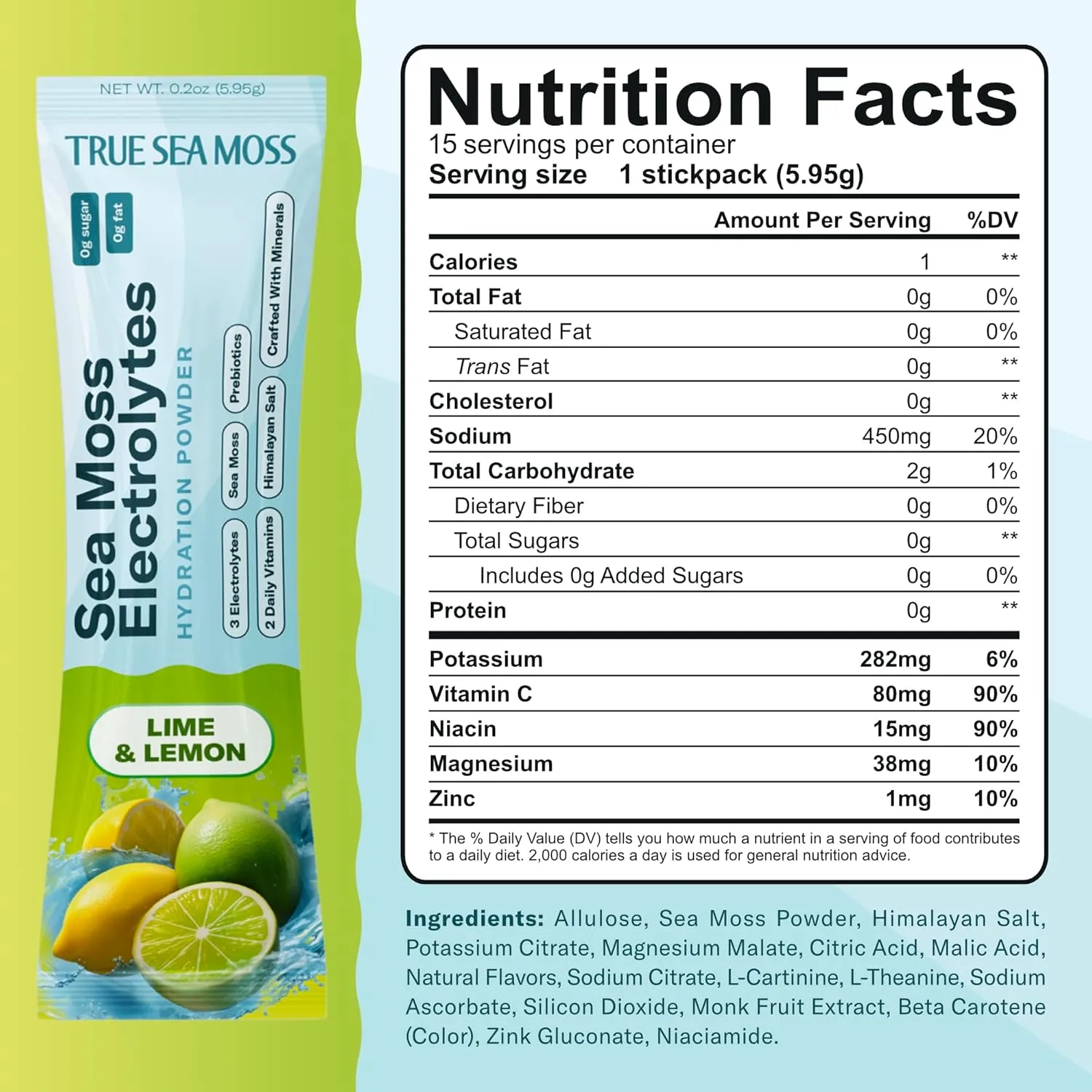 TrueSeaMoss Electrolytes Powder Packets – Made in USA from globally sourced ingredients – 15 Stickpacks – Hydration Powder with Sea Moss with Potassium – No Sugar Drinks – Lime & Lemon - Image 2