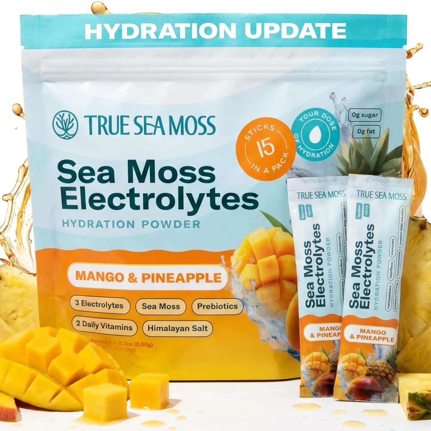 TrueSeaMoss Electrolytes Powder Packets – Made in USA from globally sourced ingredients – 15 Stickpacks – Hydration Powder with Sea Moss with Potassium – No Sugar Drinks – Mango & Pineapple