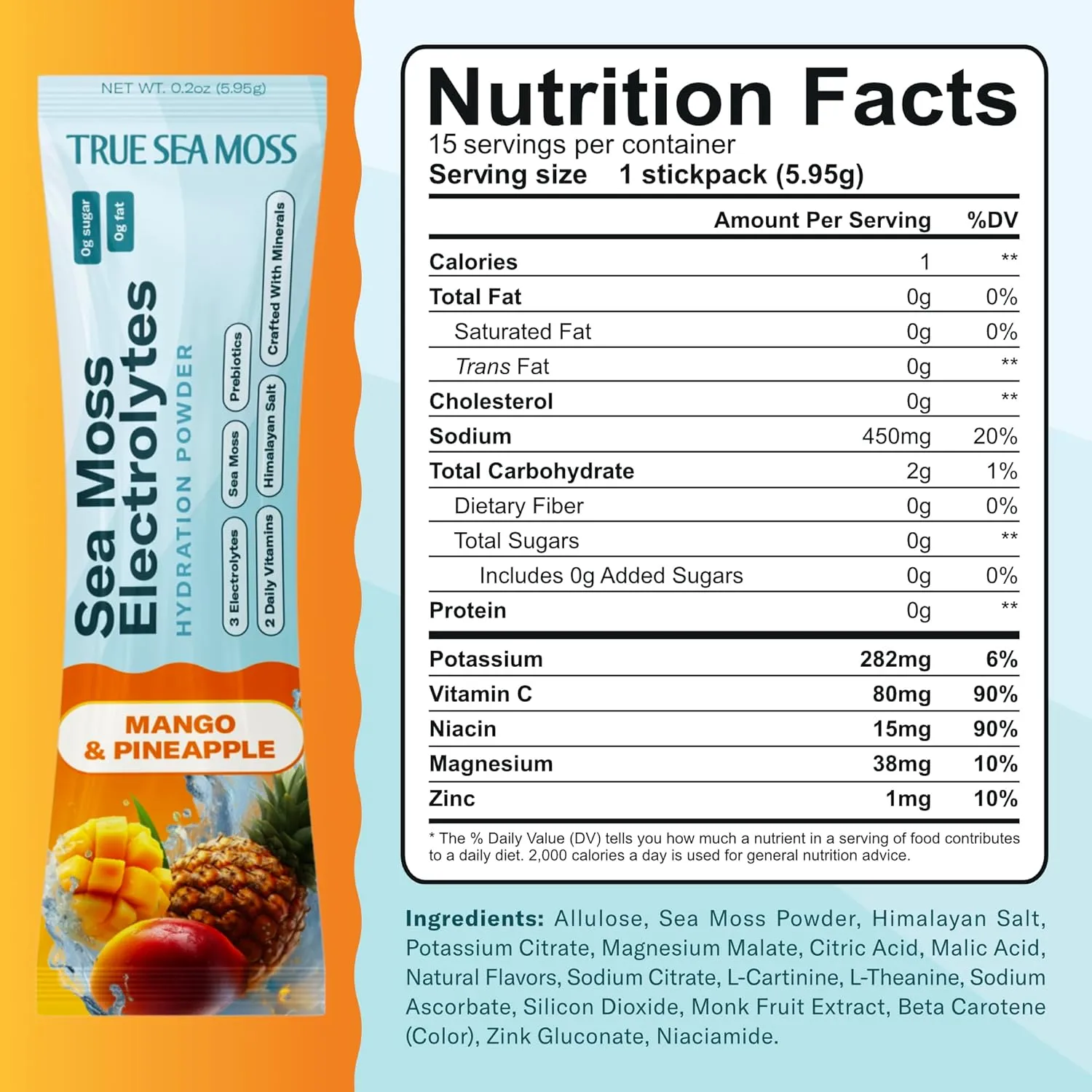TrueSeaMoss Electrolytes Powder Packets – Made in USA from globally sourced ingredients – 15 Stickpacks – Hydration Powder with Sea Moss with Potassium – No Sugar Drinks – Mango & Pineapple - Image 2
