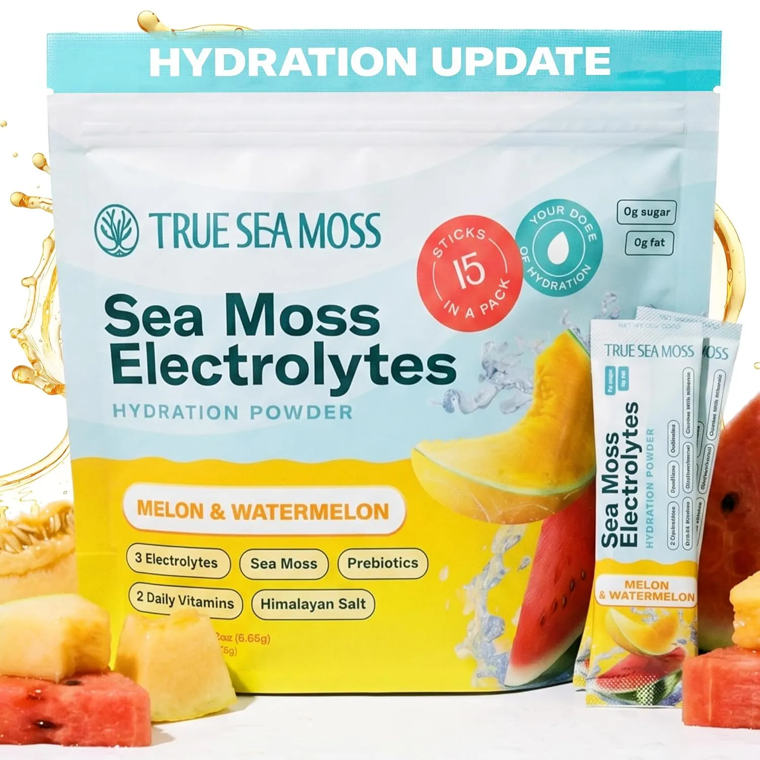 TrueSeaMoss Electrolytes Powder Packets – Made in USA from globally sourced ingredients – 15 Stickpacks – Hydration Powder with Sea Moss with Potassium – No Sugar Drinks – Melon & Watermelon