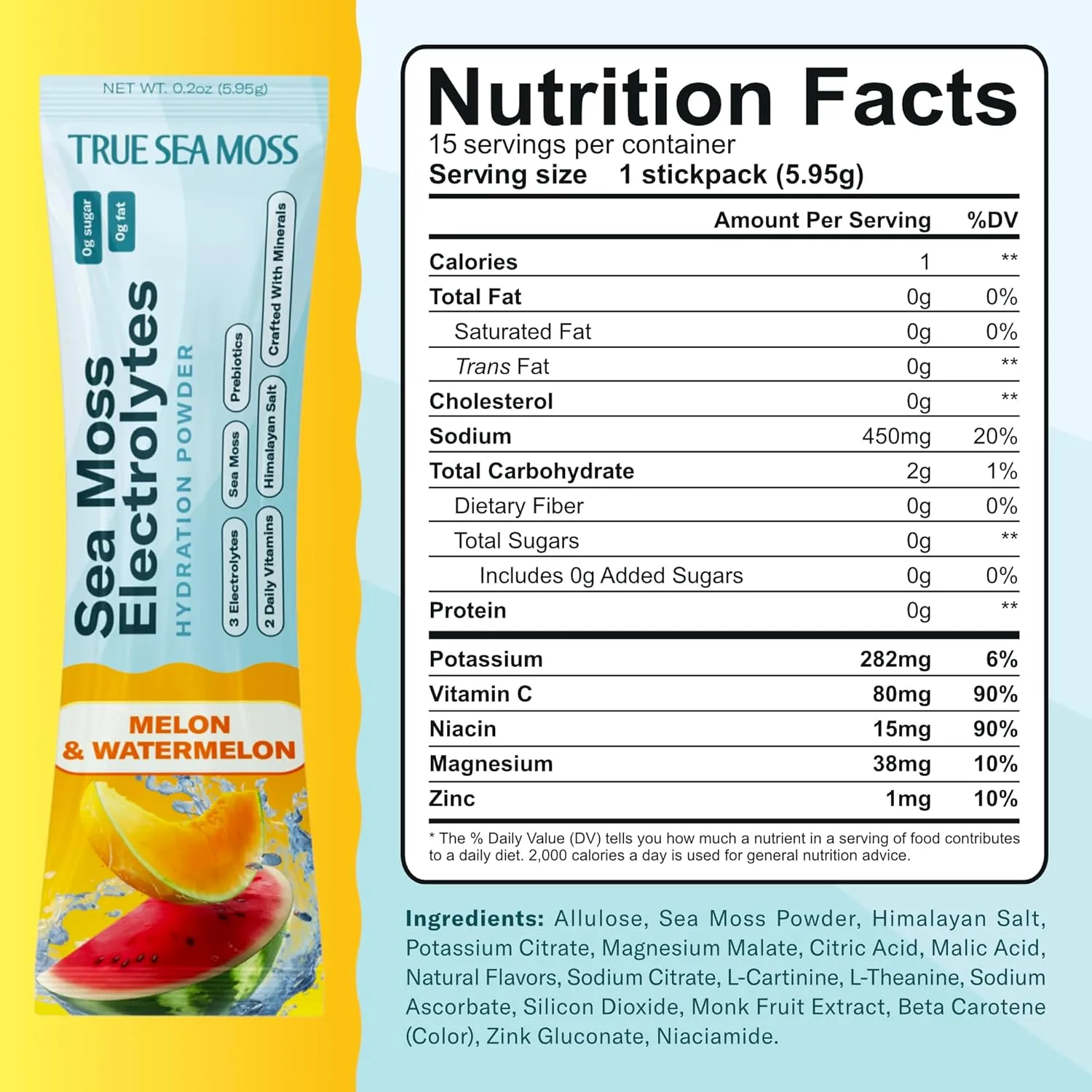 TrueSeaMoss Electrolytes Powder Packets – Made in USA from globally sourced ingredients – 15 Stickpacks – Hydration Powder with Sea Moss with Potassium – No Sugar Drinks – Melon & Watermelon - Image 2
