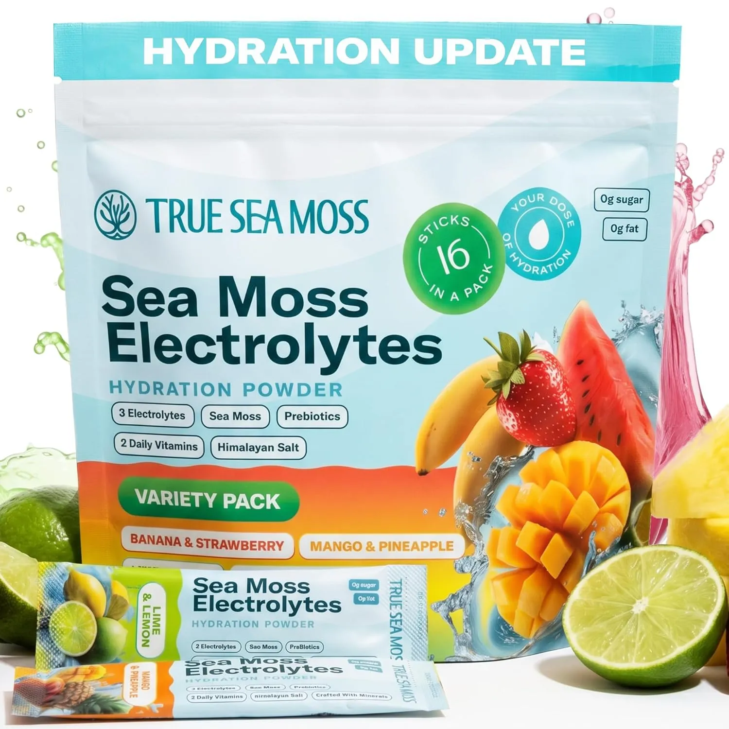 TrueSeaMoss Electrolytes Powder Packets – Made in USA from globally sourced ingredients – 16 Stickpacks – Hydration Powder with Sea Moss with Potassium – No Sugar Drinks – Variety Pack