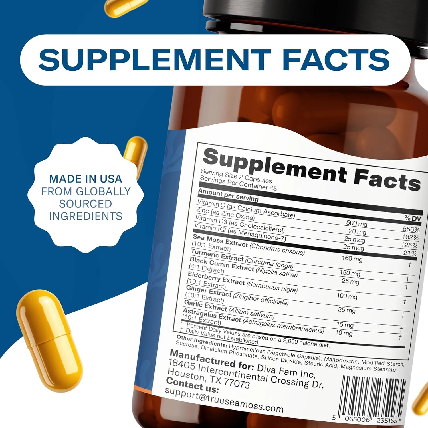 TrueSeaMoss Sea Moss Capsules – Immune Support – Sea Moss, Vitamin C, D3, Elderberry, Zinc, Turmeric, Astragalus – 90 Capsules (45 Servings) - Image 2