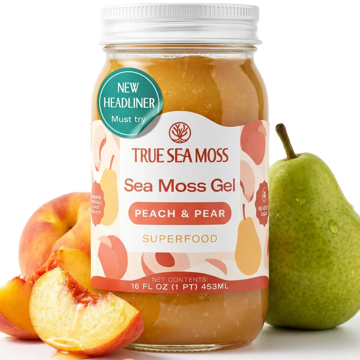 TrueSeaMoss Sea Moss Gel – Made in USA from globally sourced ingredients – Wildcrafted Seamoss, Fruits & Jarred Vegetables – Peach/Pear