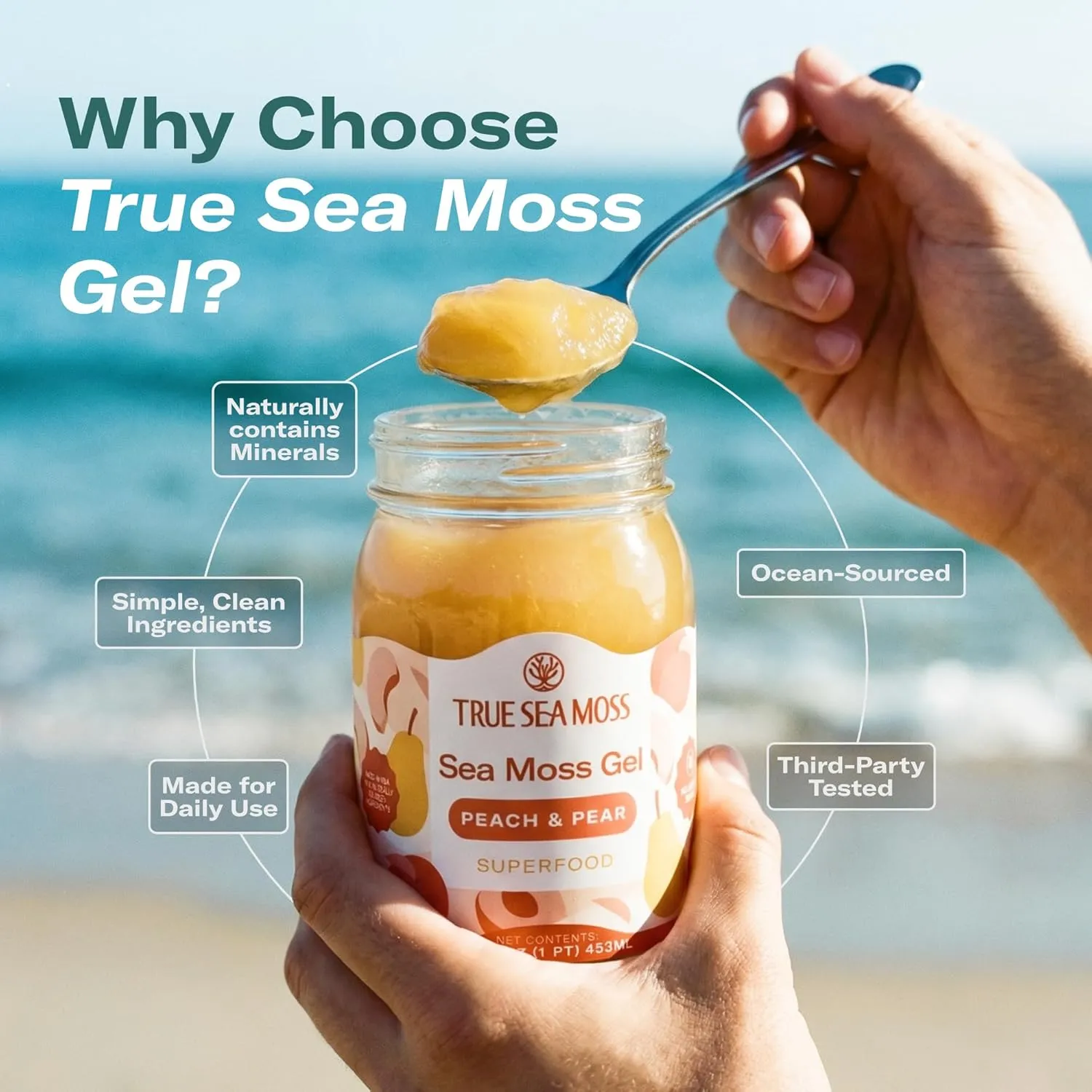 TrueSeaMoss Sea Moss Gel – Made in USA from globally sourced ingredients – Wildcrafted Seamoss, Fruits & Jarred Vegetables – Peach/Pear - Image 3