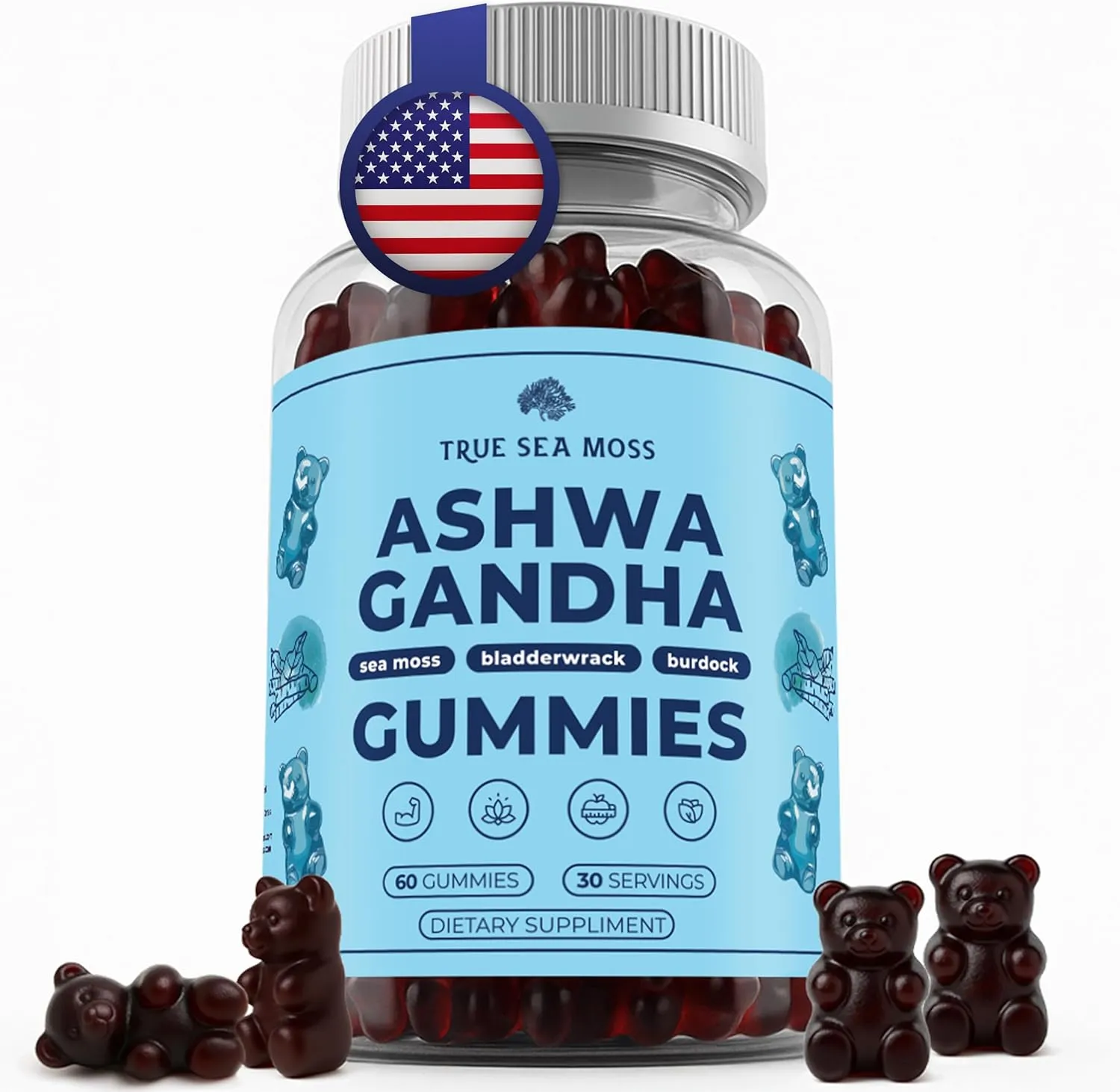 TrueSeaMoss Sea Moss Gummies with Ashwagandha, Burdock Root & Bladderwrack – for Adults & Kids 4+, Fruity Flavor – 60 Gummies